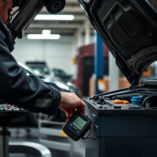 Technician testing a car battery at Precision Auto Solutions